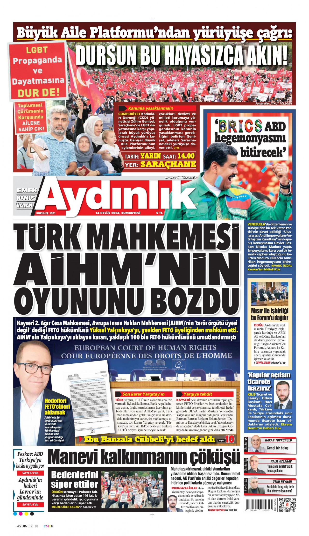 AYDINLIK GAZETESİ 14 Eylül 2024 Gazete Manşeti Büyük