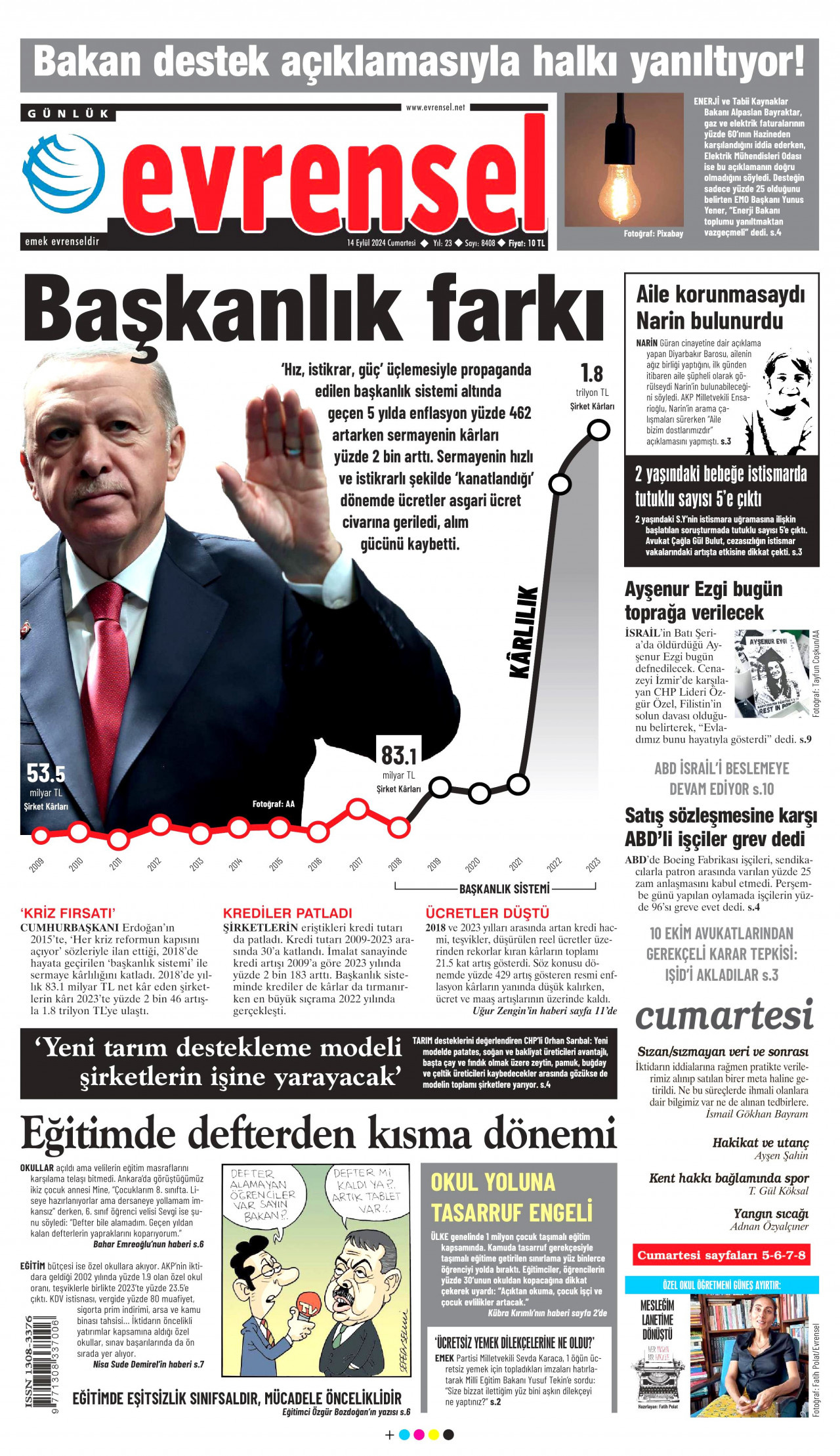 EVRENSEL 14 Eylül 2024 Gazete Manşeti Büyük