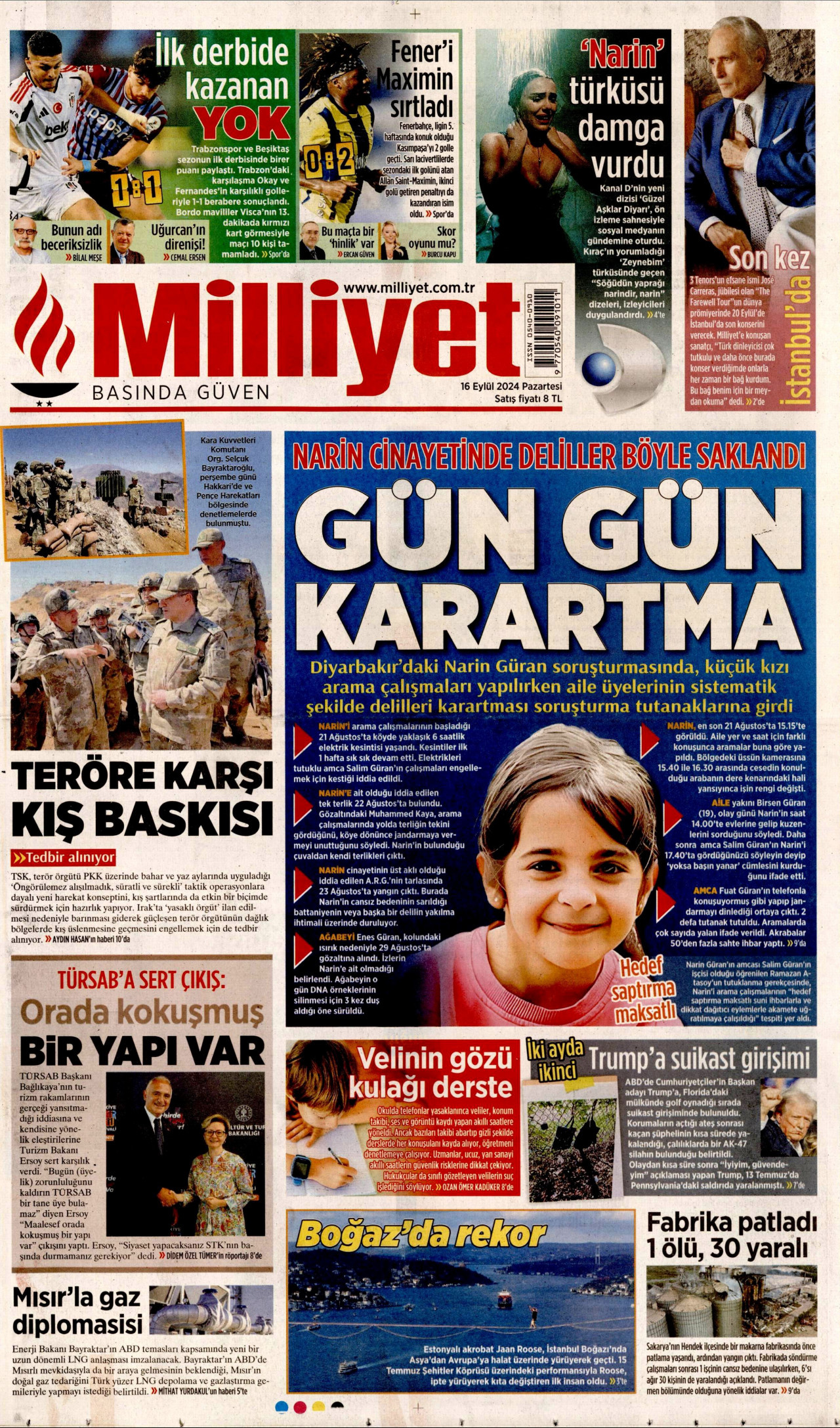 MİLLİYET 16 Eylül 2024 Gazete Manşeti Büyük