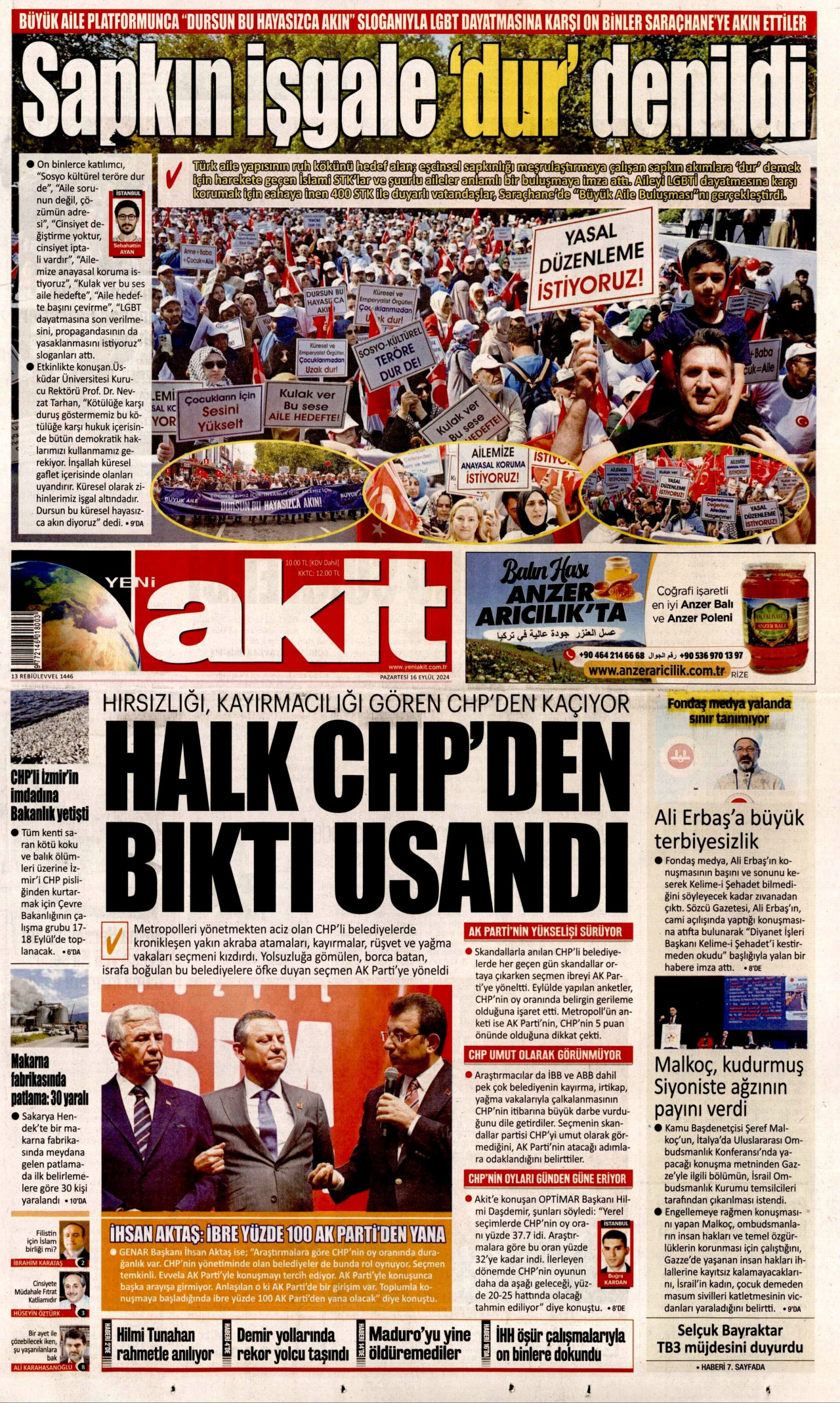 YENİ AKİT 16 Eylül 2024 Gazete Manşeti Büyük