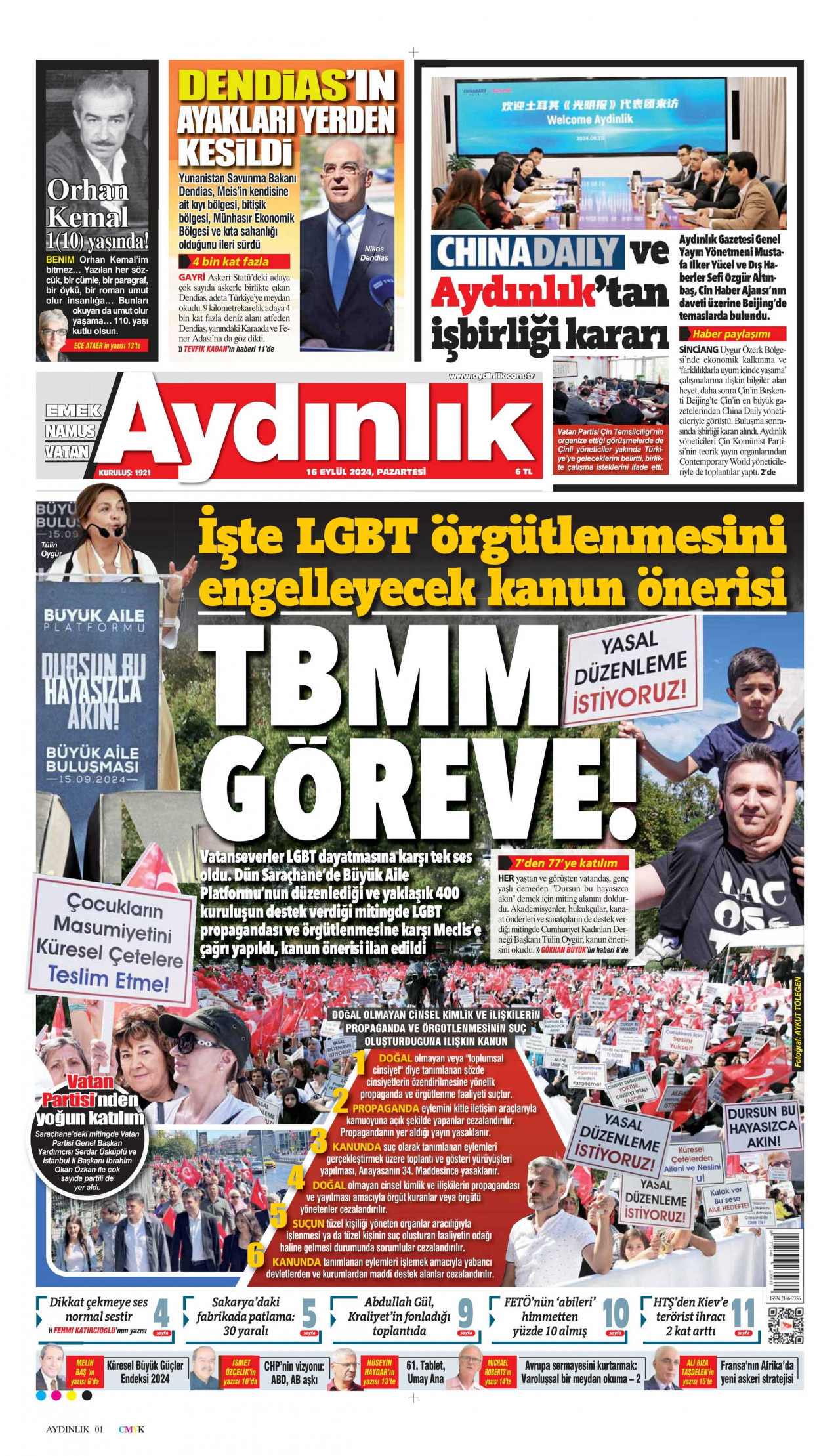 AYDINLIK GAZETESİ 16 Eylül 2024 Gazete Manşeti Büyük