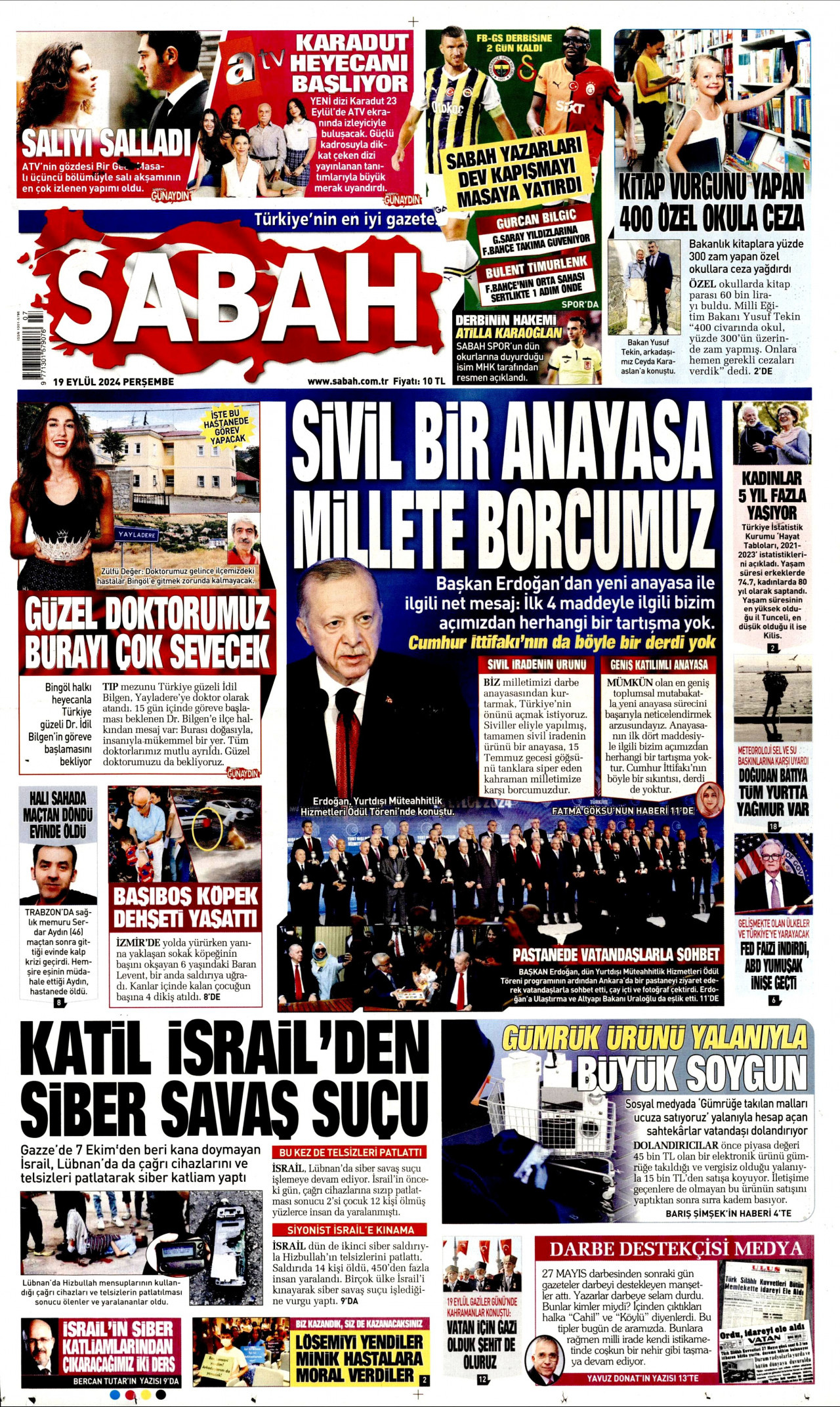 SABAH 19 Eylül 2024 Gazete Manşeti Büyük