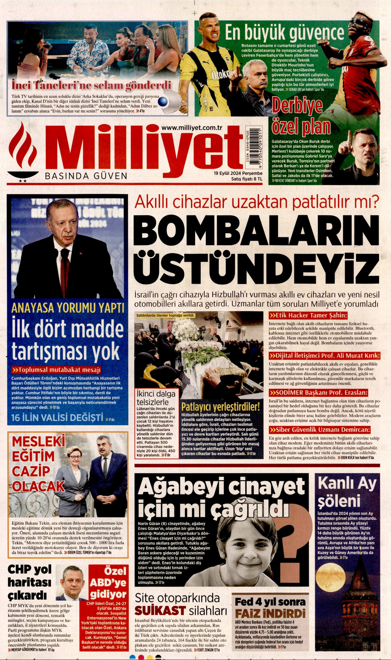 MİLLİYET 19 Eylül 2024 Gazete Manşeti Büyük