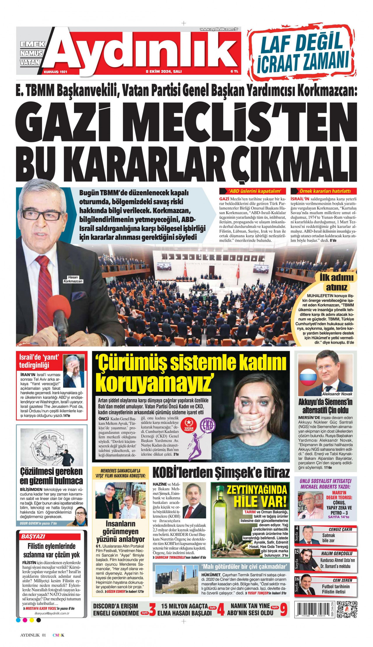 AYDINLIK GAZETESİ 8 Ekim 2024 Gazete Manşeti Büyük