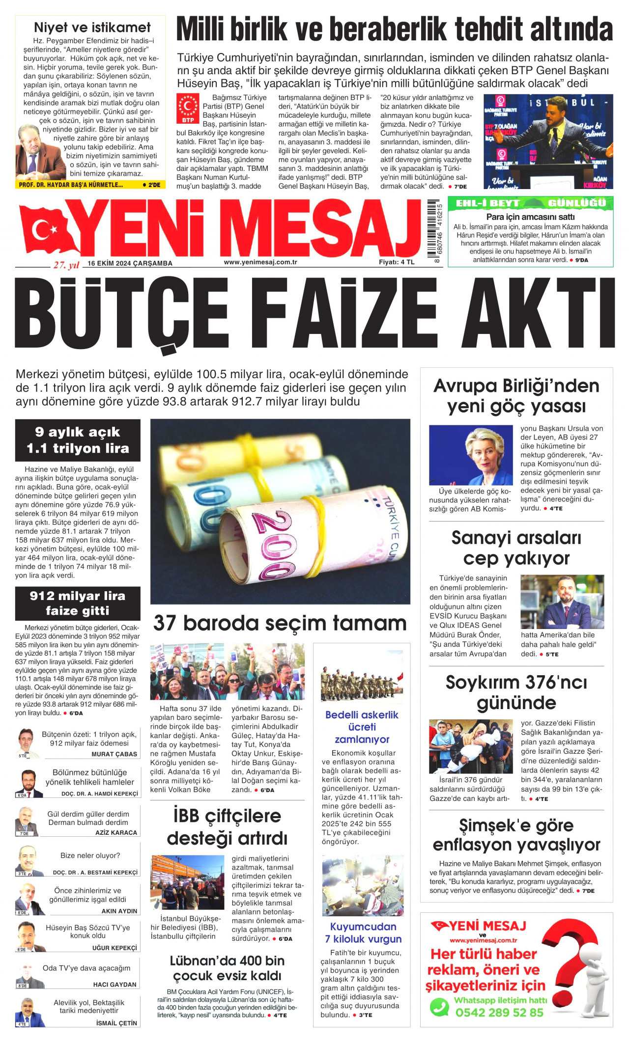 YENİ MESAJ 16 Ekim 2024 Gazete Manşeti Büyük