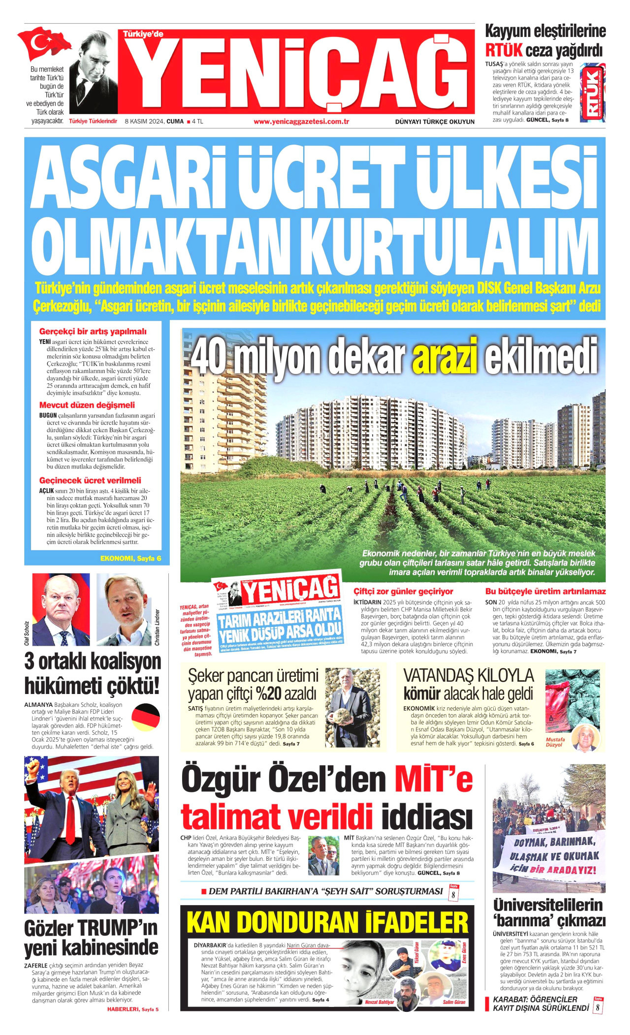 YENİÇAĞ 8 Kasım 2024 Gazete Manşeti Büyük