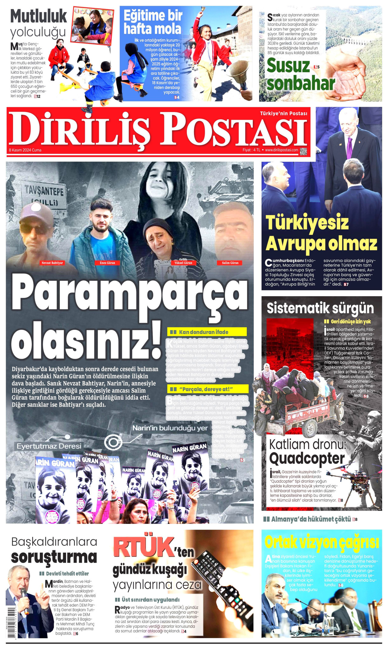 DİRİLİŞ POSTASI 8 Kasım 2024 Gazete Manşeti Büyük