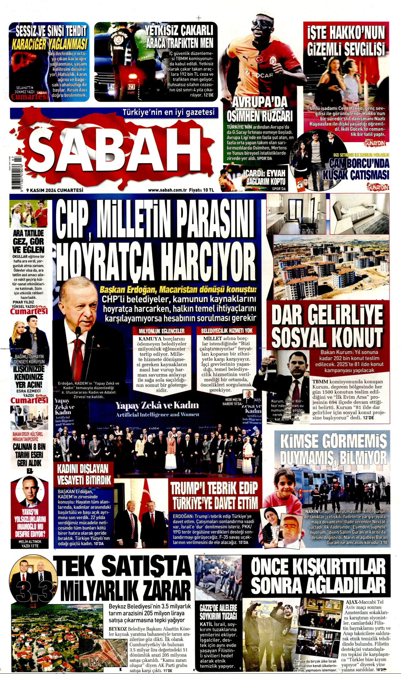 SABAH 9 Kasım 2024 Gazete Manşeti Büyük