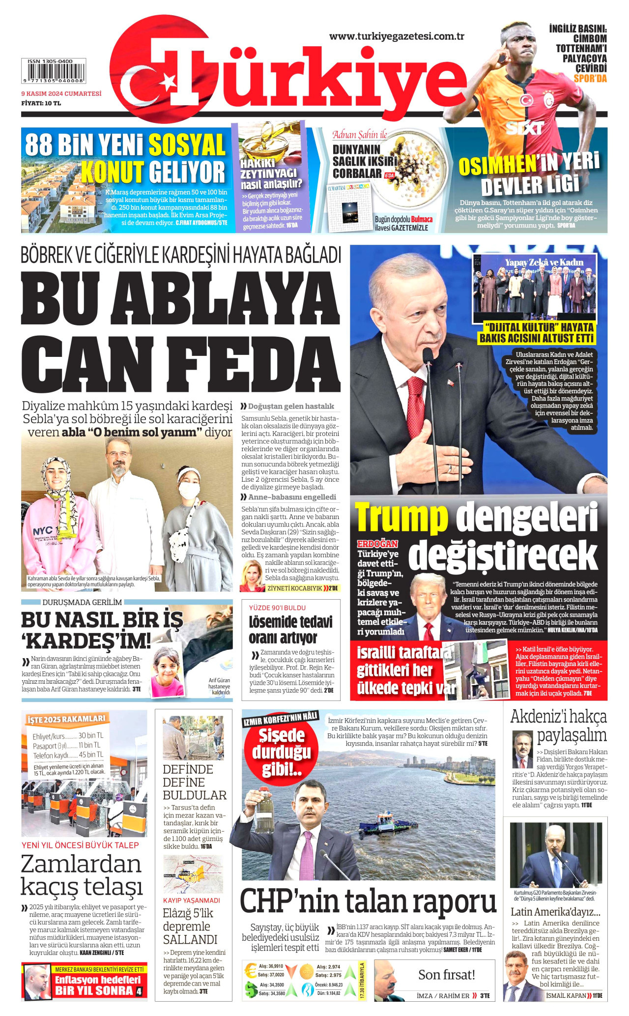 TÜRKİYE GAZETESİ 9 Kasım 2024 Gazete Manşeti Büyük