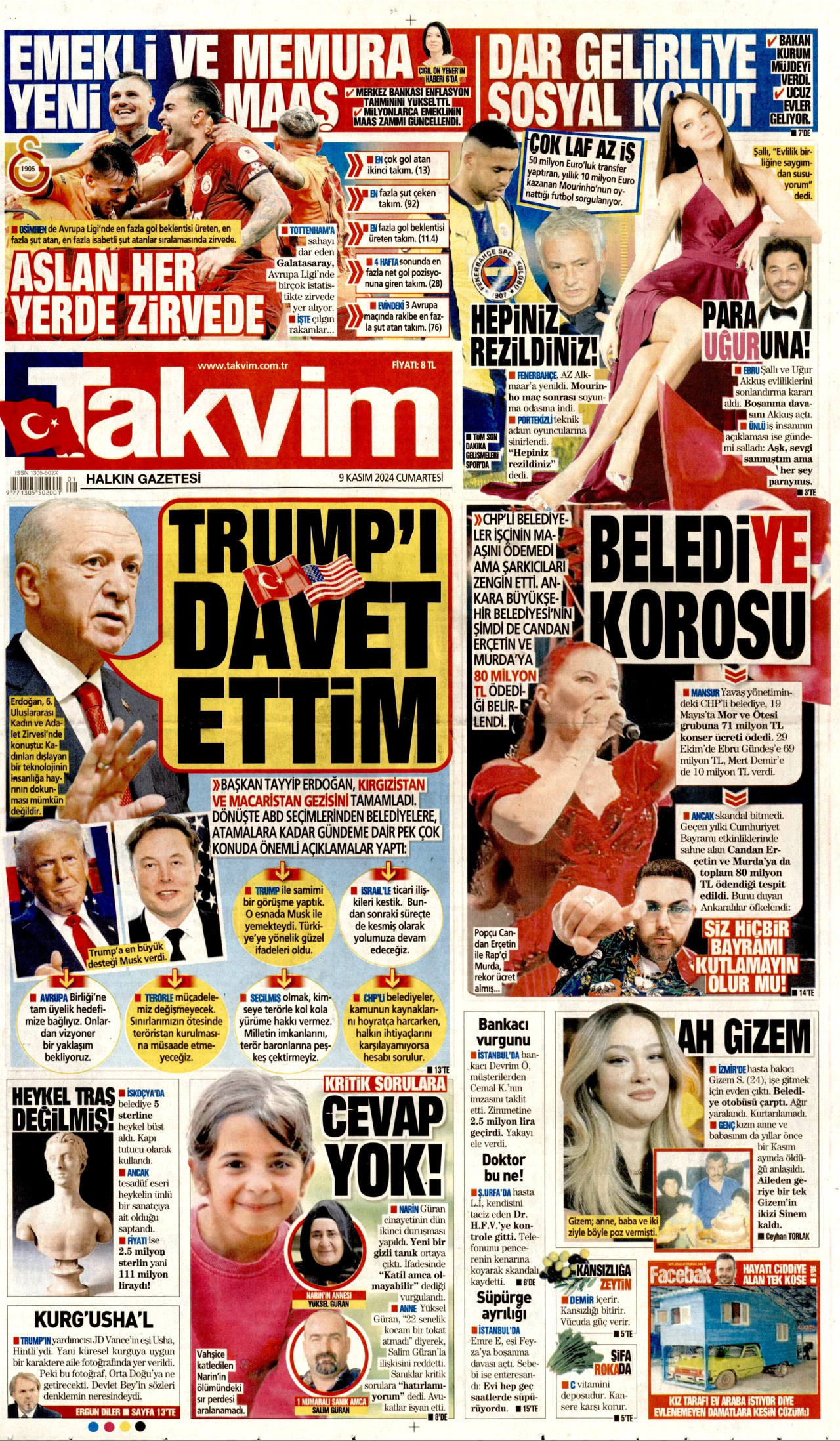 TAKVİM 9 Kasım 2024 Gazete Manşeti Büyük