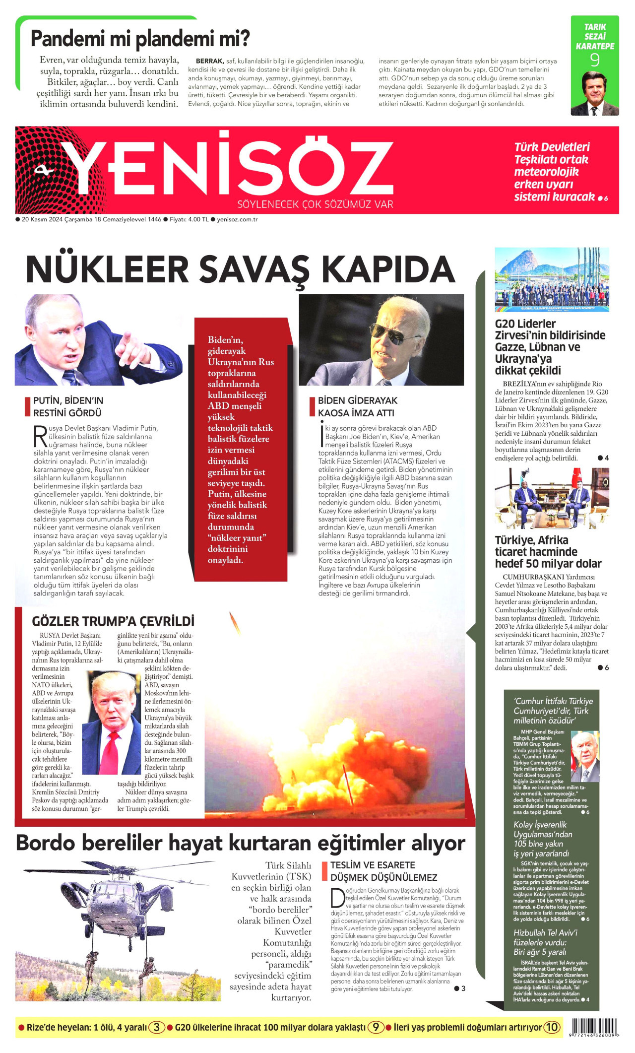 YENİ SÖZ GAZETESİ 20 Kasım 2024 Gazete Manşeti Büyük