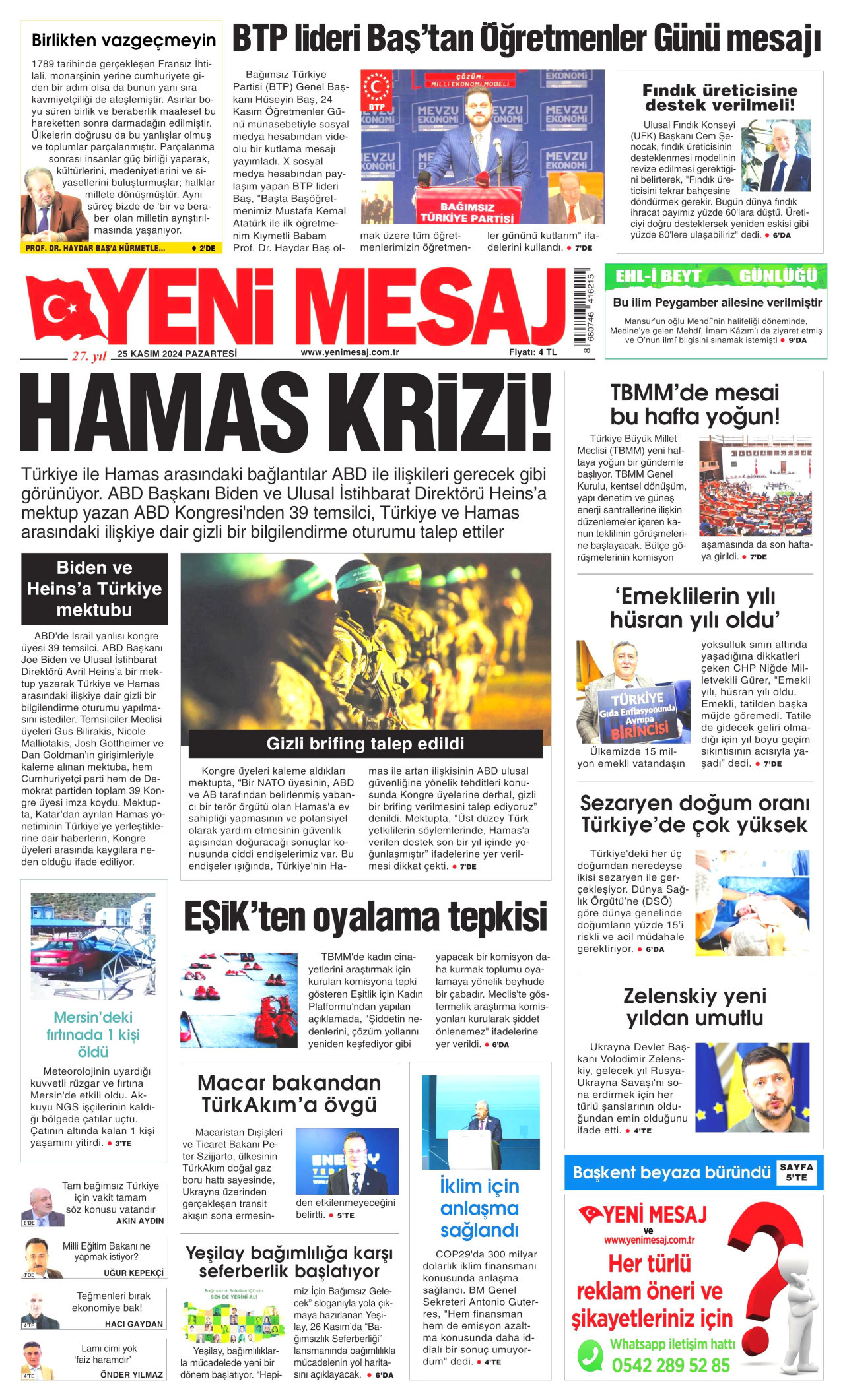 YENİ MESAJ 25 Kasım 2024 Gazete Manşeti Büyük