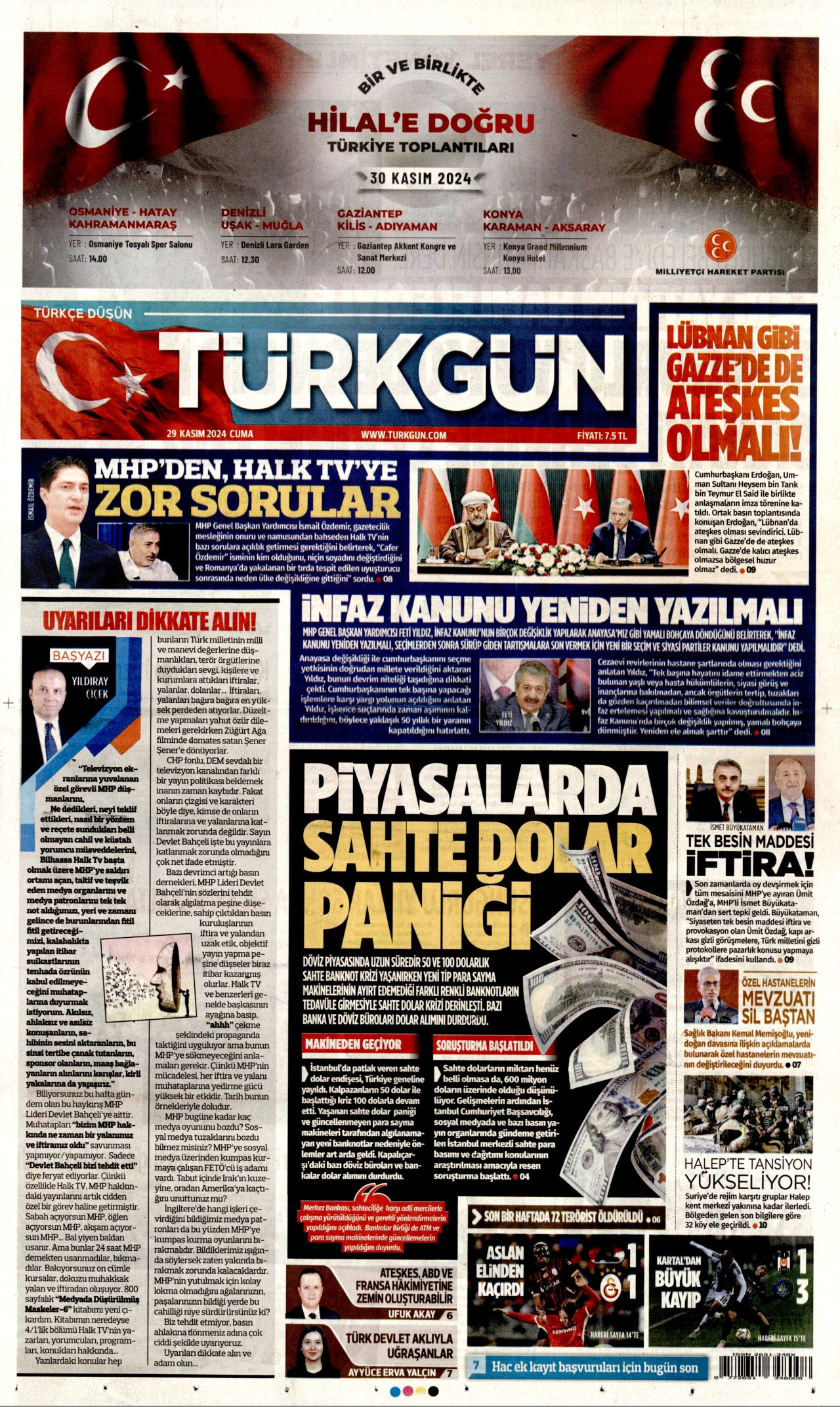 TÜRKGÜN 29 Kasım 2024 Gazete Manşeti Büyük