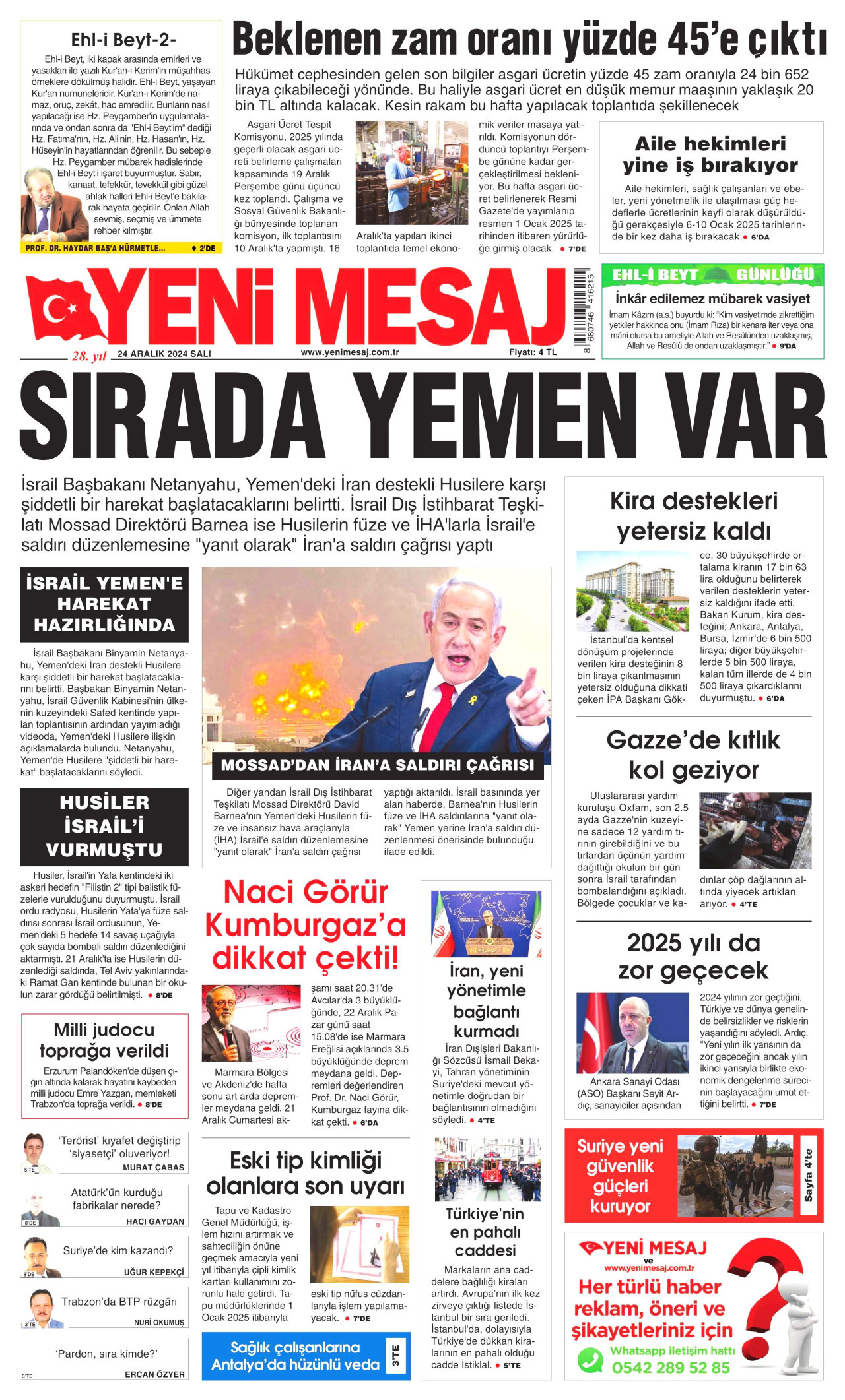 YENİ MESAJ 24 Aralık 2024 Gazete Manşeti Büyük