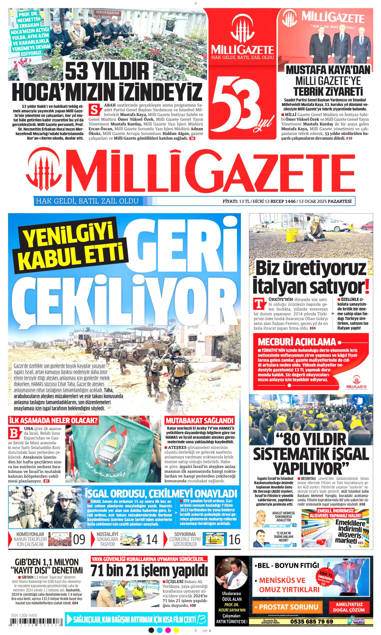 MİLLİ GAZETE 13 Ocak 2025 Gazete Manşeti Büyük