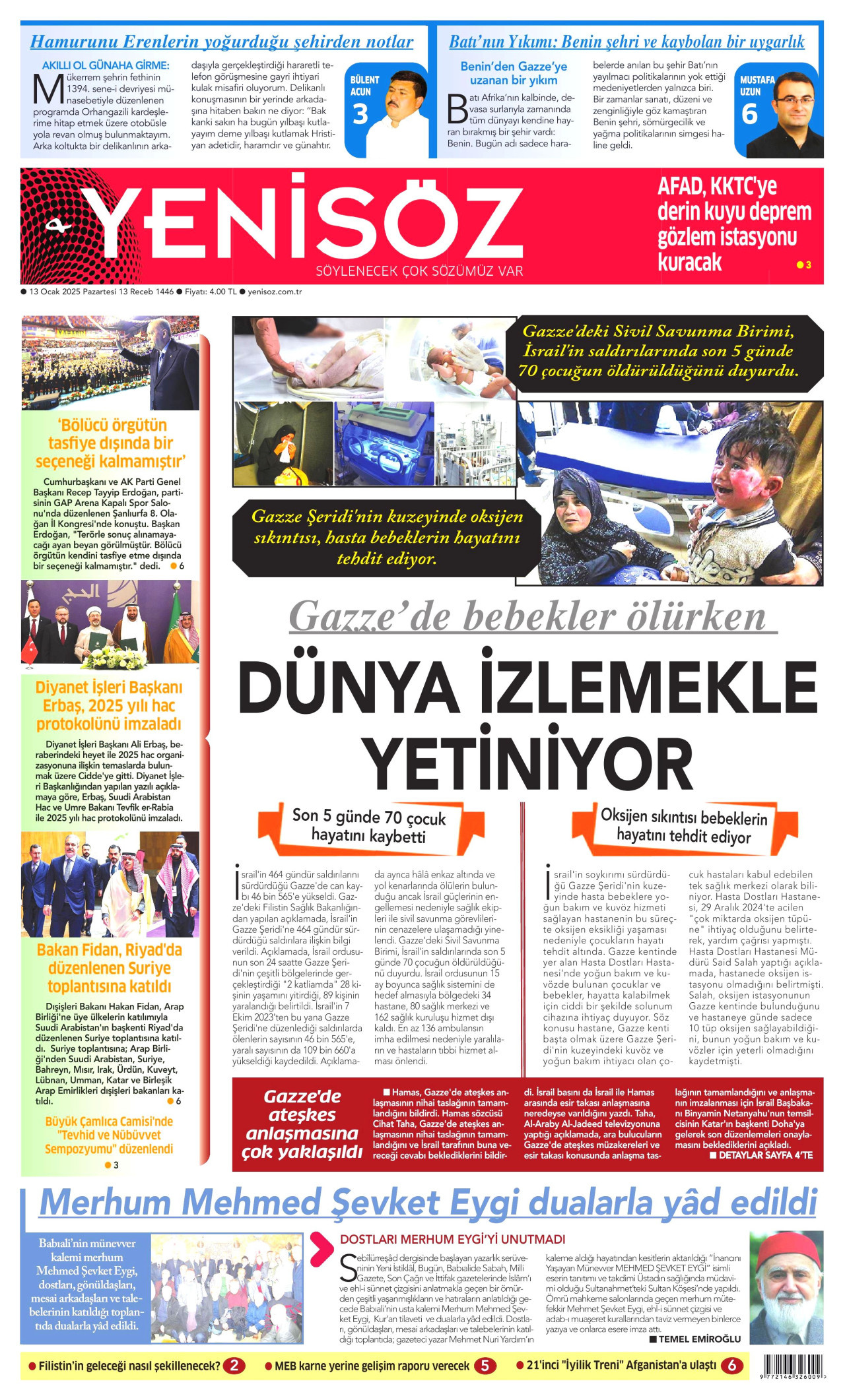 YENİ SÖZ GAZETESİ 13 Ocak 2025 Gazete Manşeti Büyük