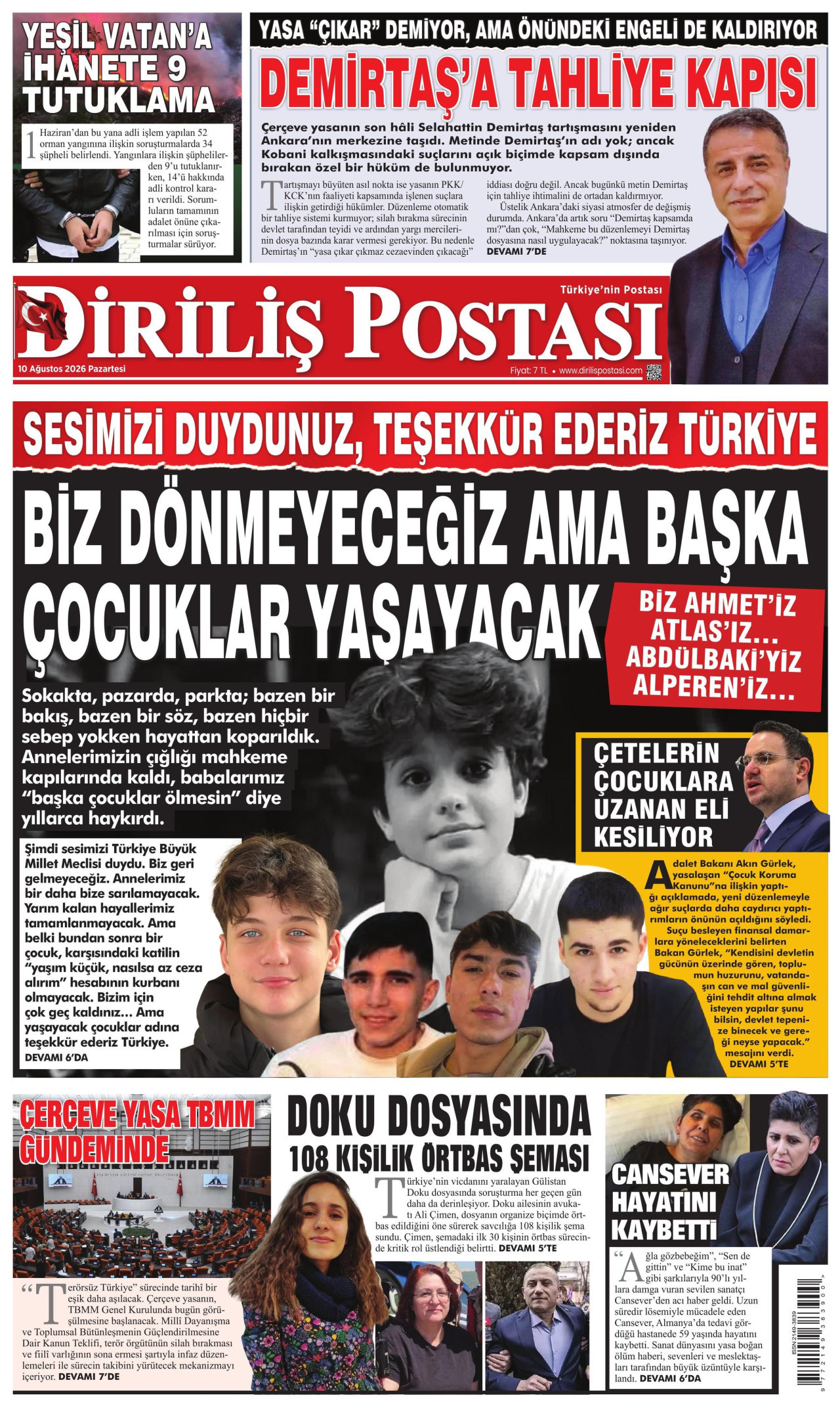DİRİLİŞ POSTASI 10 Ağustos 2026 Gazete Manşeti Büyük